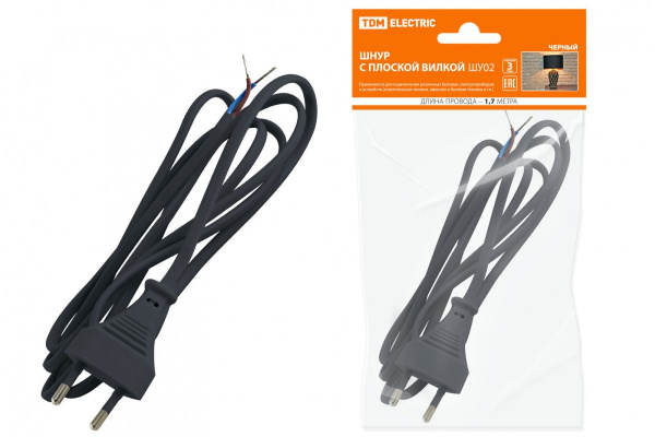 Шнур с плоской вилкой ШУ02 ШВВП 2х0,75мм2 (черный) 1,7м в #REGION_NAME_DECLINE_PP# - изображение Изображение: шнур с плоской вилкой шу02 шввп 2х0,75мм2 (черный) 1,7м в #REGION_NAME_DECLINE_PP#