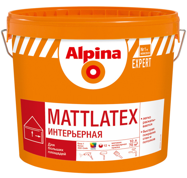 Краска ВД-АК Alpina EXPERT Mattlatex База 1 белая, 10 л / 16,2кг в #REGION_NAME_DECLINE_PP# - изображение Изображение: краска вд-ак alpina expert mattlatex база 1 белая, 10 л / 16,2кг в #REGION_NAME_DECLINE_PP#