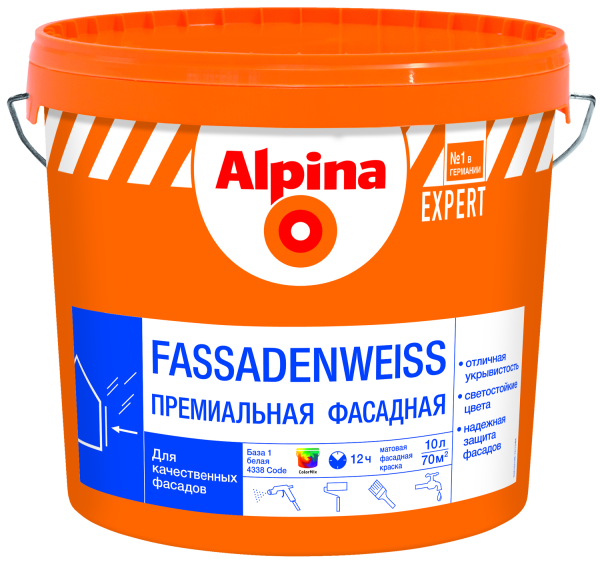 Краска ВД-АК Alpina EXPERT Fassadenweiss База 1 (белая) 10 л / 15,6 кг в #REGION_NAME_DECLINE_PP# - изображение Изображение: краска вд-ак alpina expert fassadenweiss база 1 (белая) 10 л / 15,6 кг в #REGION_NAME_DECLINE_PP#