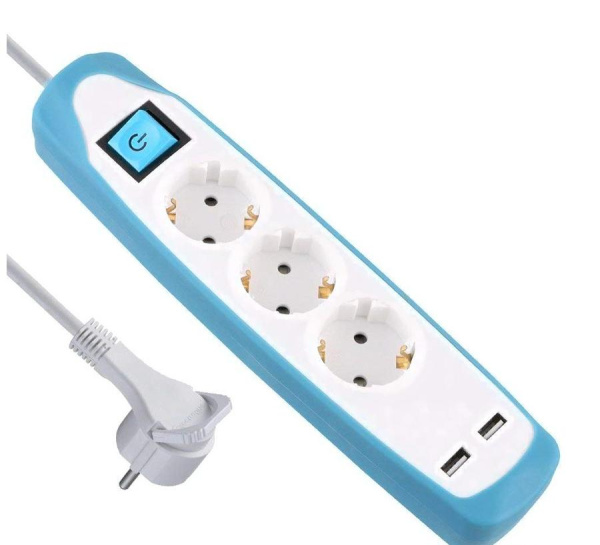 Удлинитель 3Р кабель ПВС 3G1,0 мм 2м с двумя USB разъемами белый/голубой в #REGION_NAME_DECLINE_PP# - изображение Изображение: удлинитель 3р кабель пвс 3g1,0 мм 2м с двумя usb разъемами белый/голубой в #REGION_NAME_DECLINE_PP#