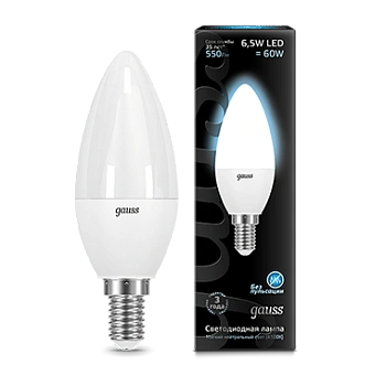 Картинка: лампа светодиодная led свеча e14 6.5w 550lm 4100к 1/10/50   т.м.gauss в Минске